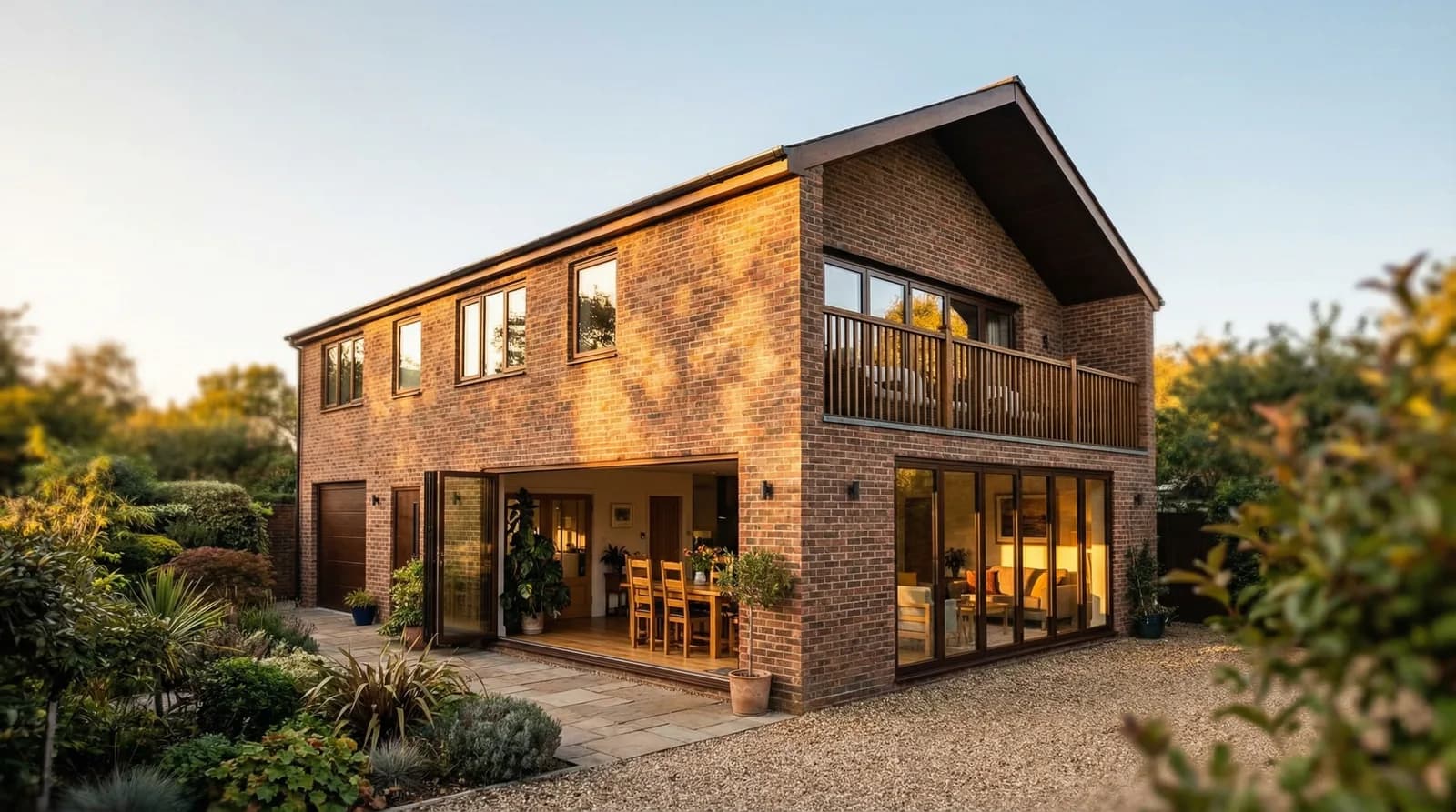Evening view of the extended home in Leyland showing the balcony and ground floor living space
