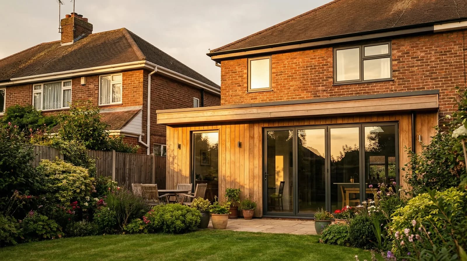 Design visualisation of a timber-clad rear extension with bi-fold doors onto the garden in Luton