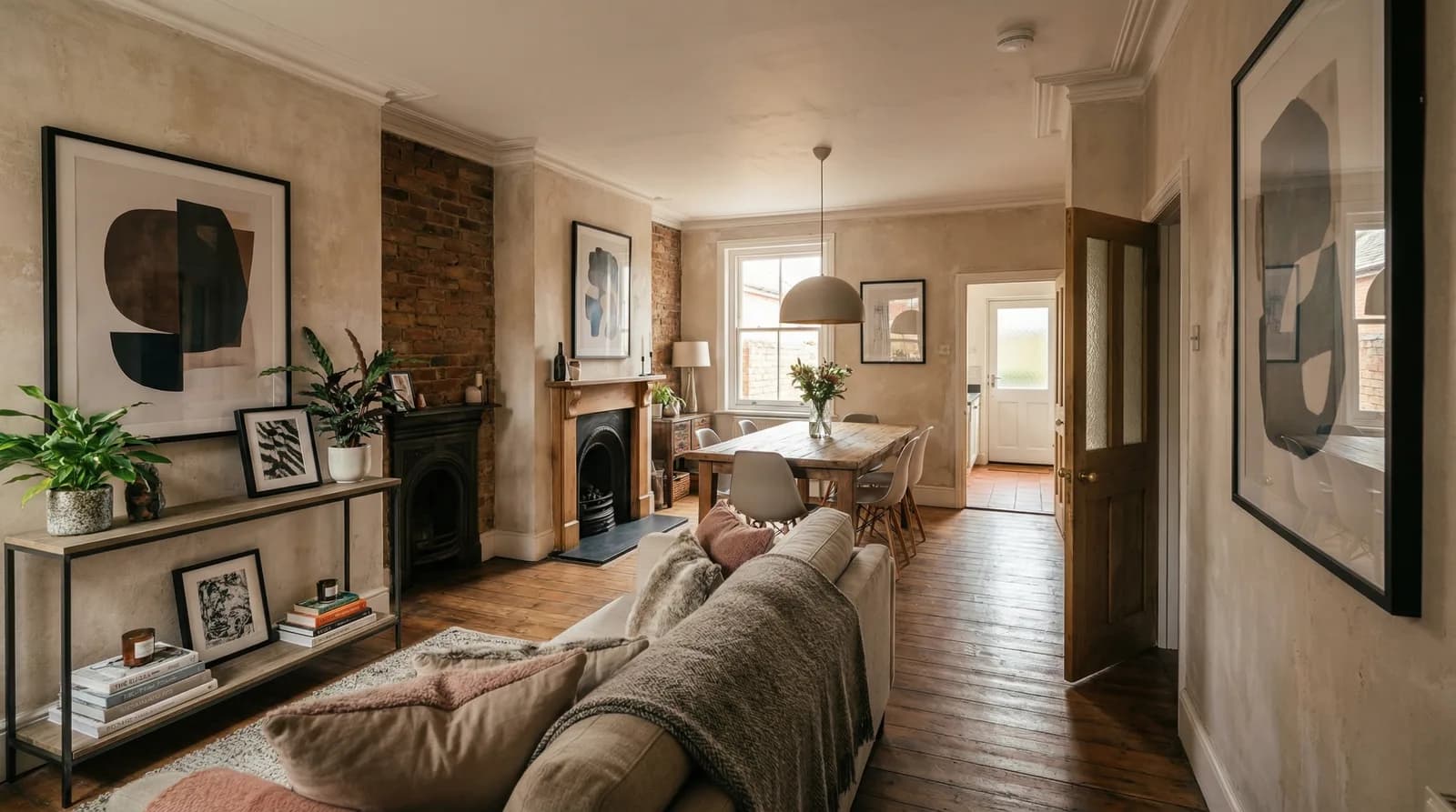 Design visualisation of a reconfigured living and dining space with a period fireplace in a Moseley family home