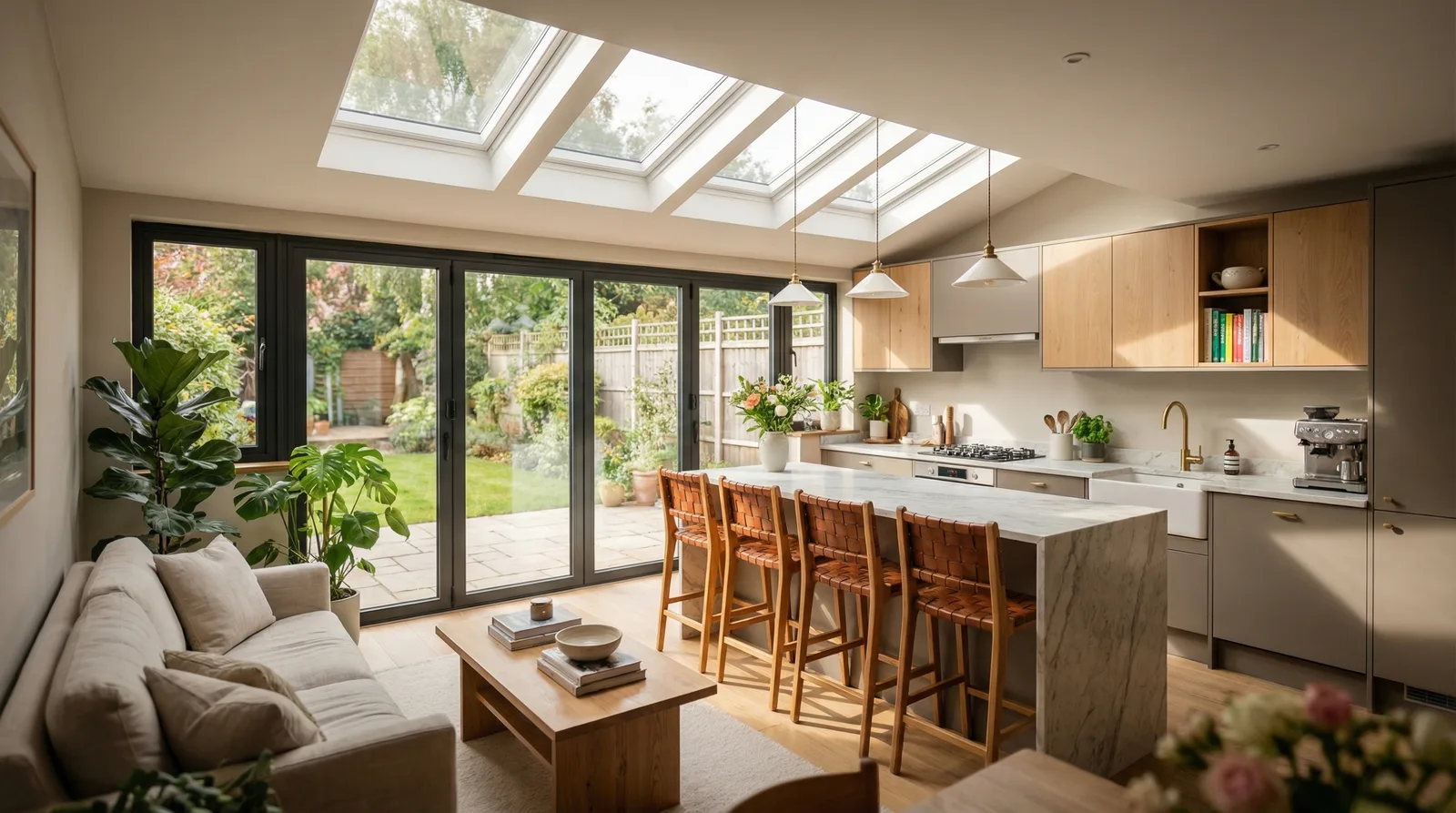 Design visualisation of an open-plan kitchen and living extension with skylights and garden doors in Leighton Buzzard