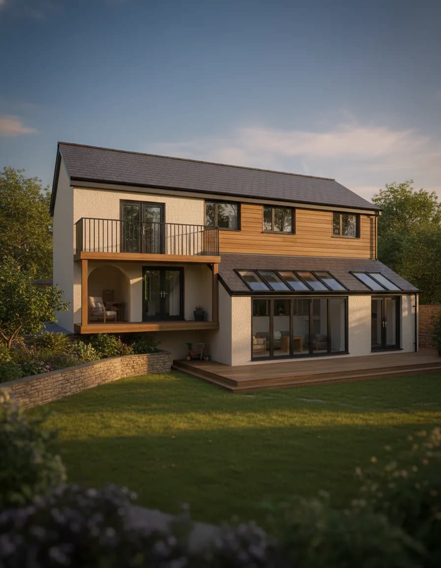 Design visualisation of a two-storey rear extension with a first-floor balcony overlooking the garden in Carlton, Nottingham