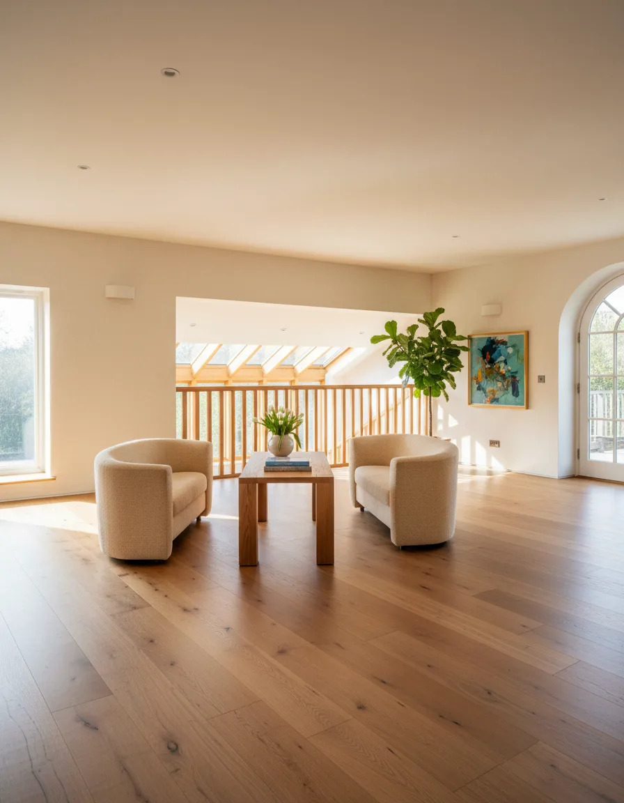 Bright first-floor living space opening onto a balcony in the Carlton family home
