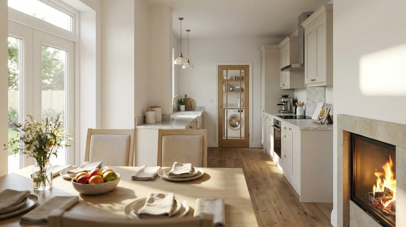 Design visualisation of a kitchen-diner extension with dining space and fireplace in Denton, Tameside