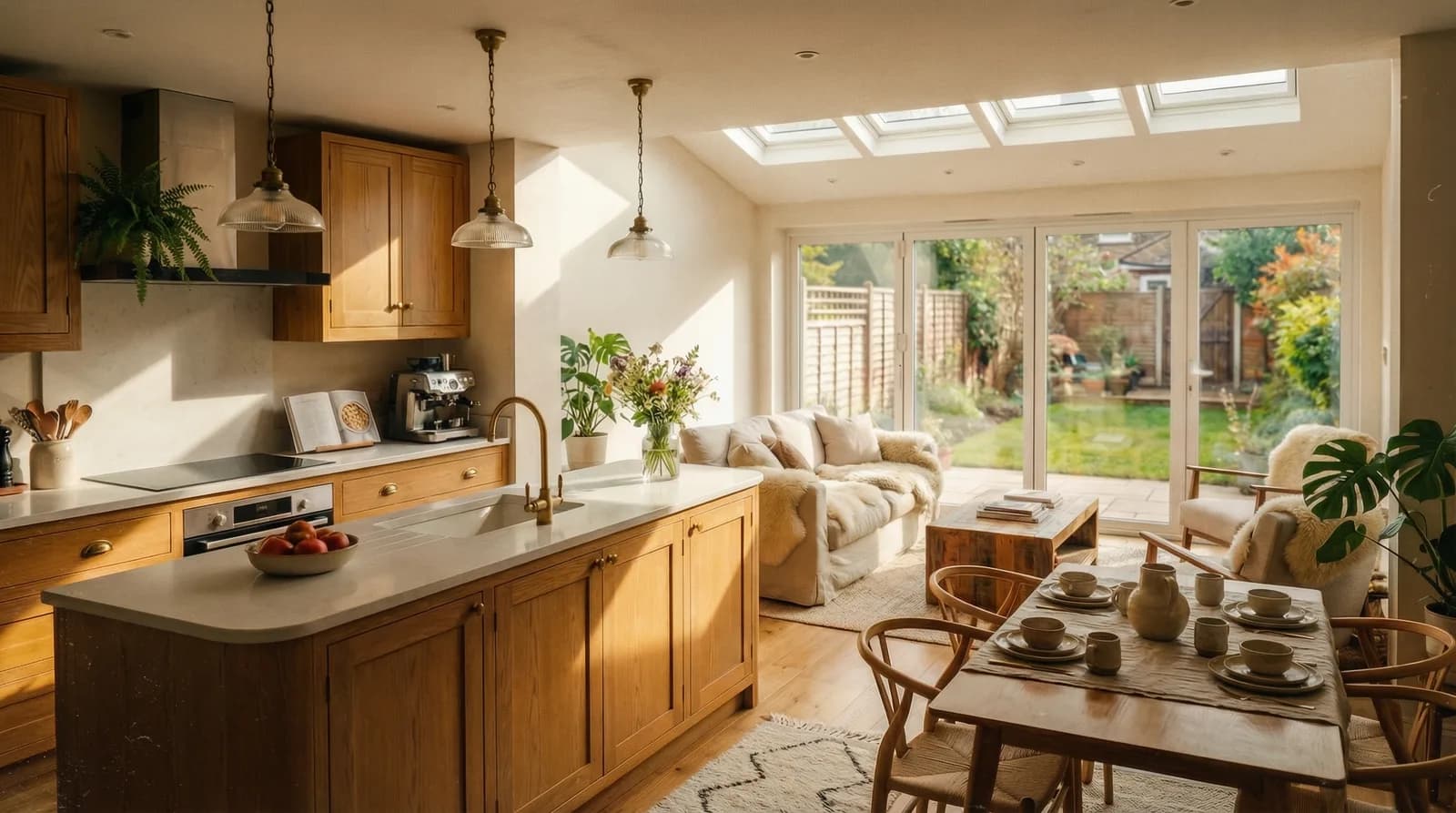 Design visualisation of a warm oak kitchen-diner extension opening onto the garden for a family home in Solihull