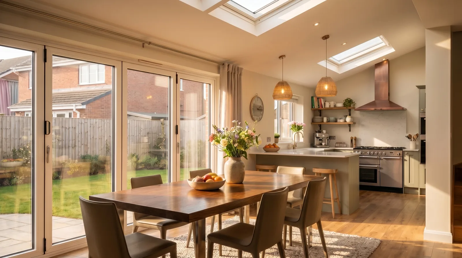 Kitchen and dining space opening onto the garden in Stone
