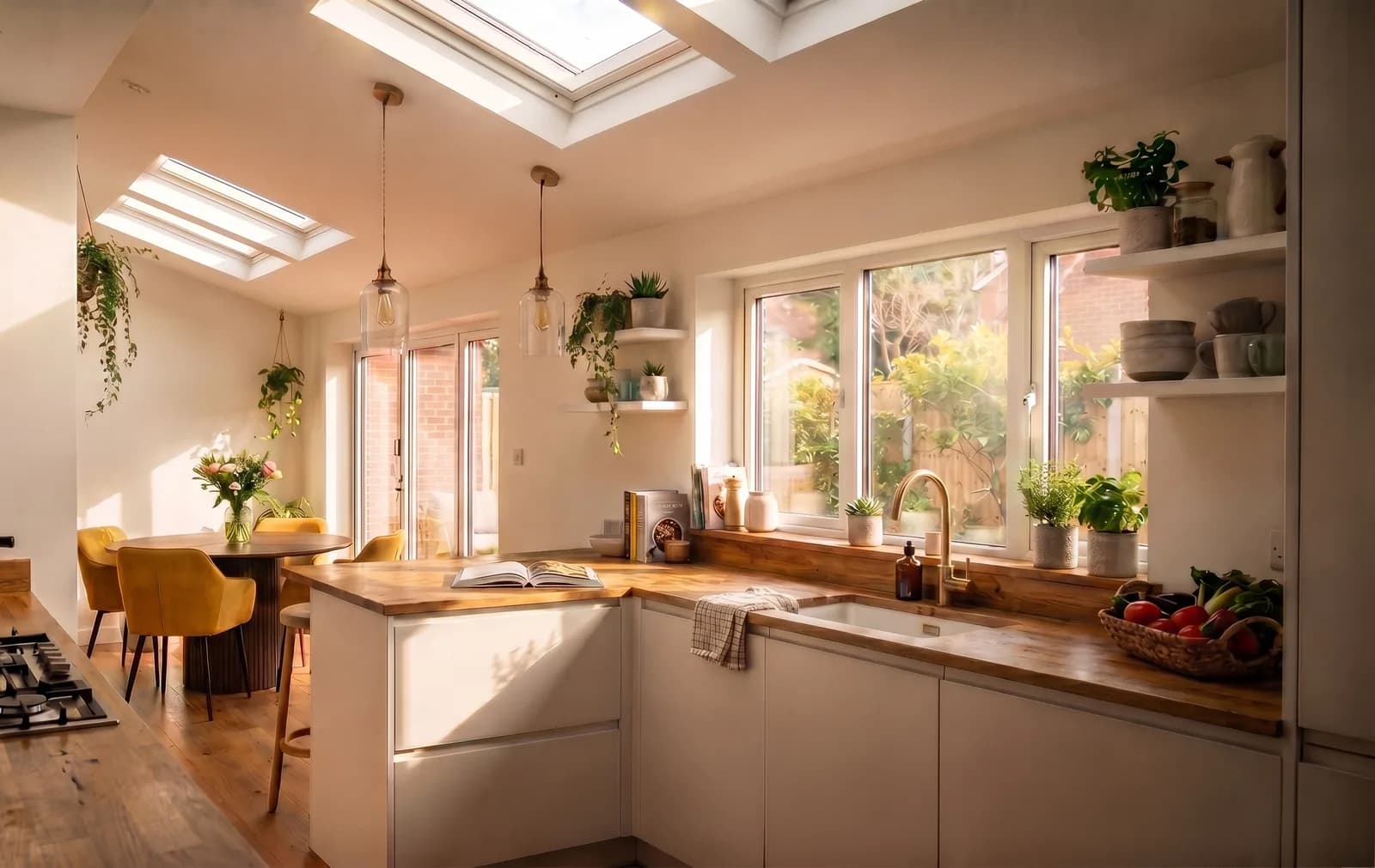 Open-plan kitchen-diner design with skylights for a family home in Stone
