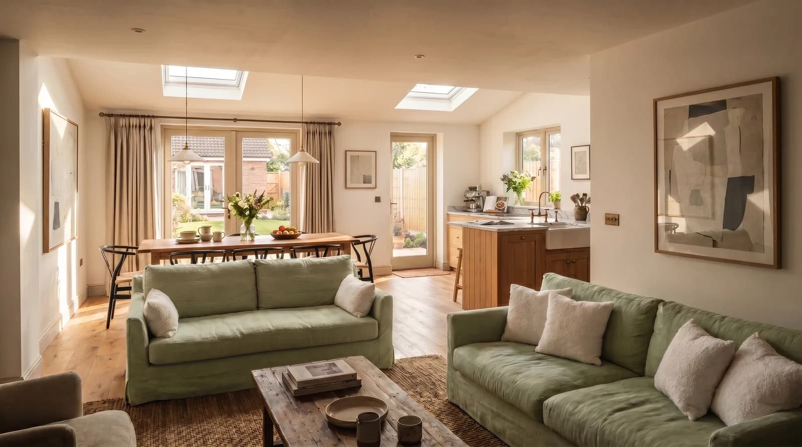 Design visualisation of an open-plan kitchen-living space in Chester