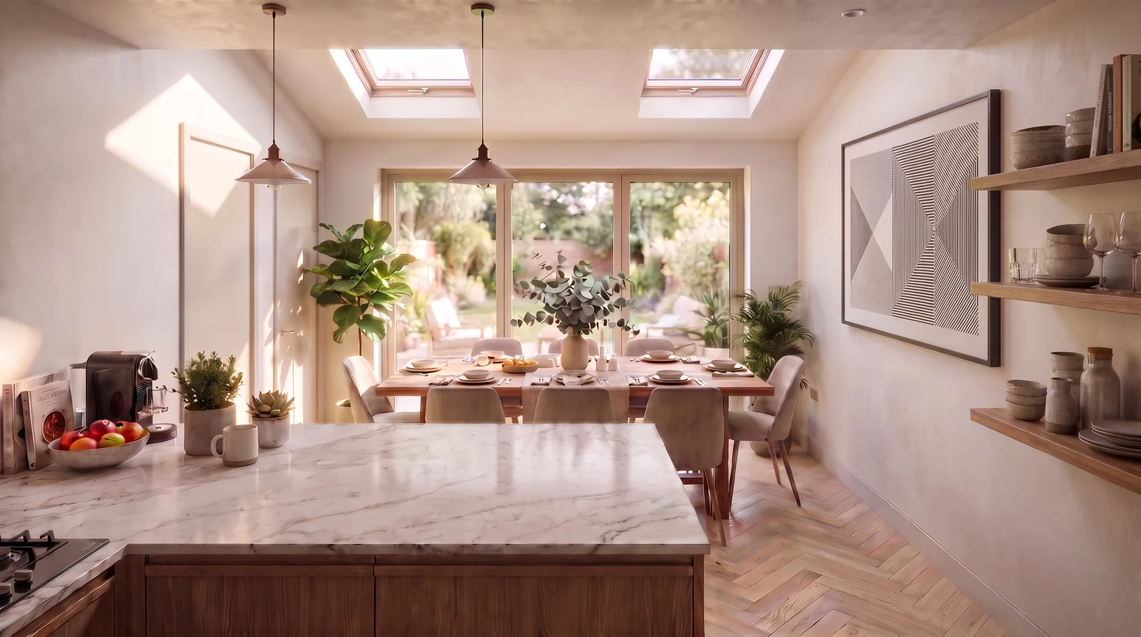 Design visualisation of a bright kitchen-diner extension for a family home in Failsworth