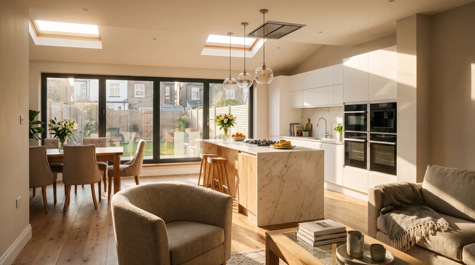 Open-plan kitchen, dining and living space design for a family home in Liverpool