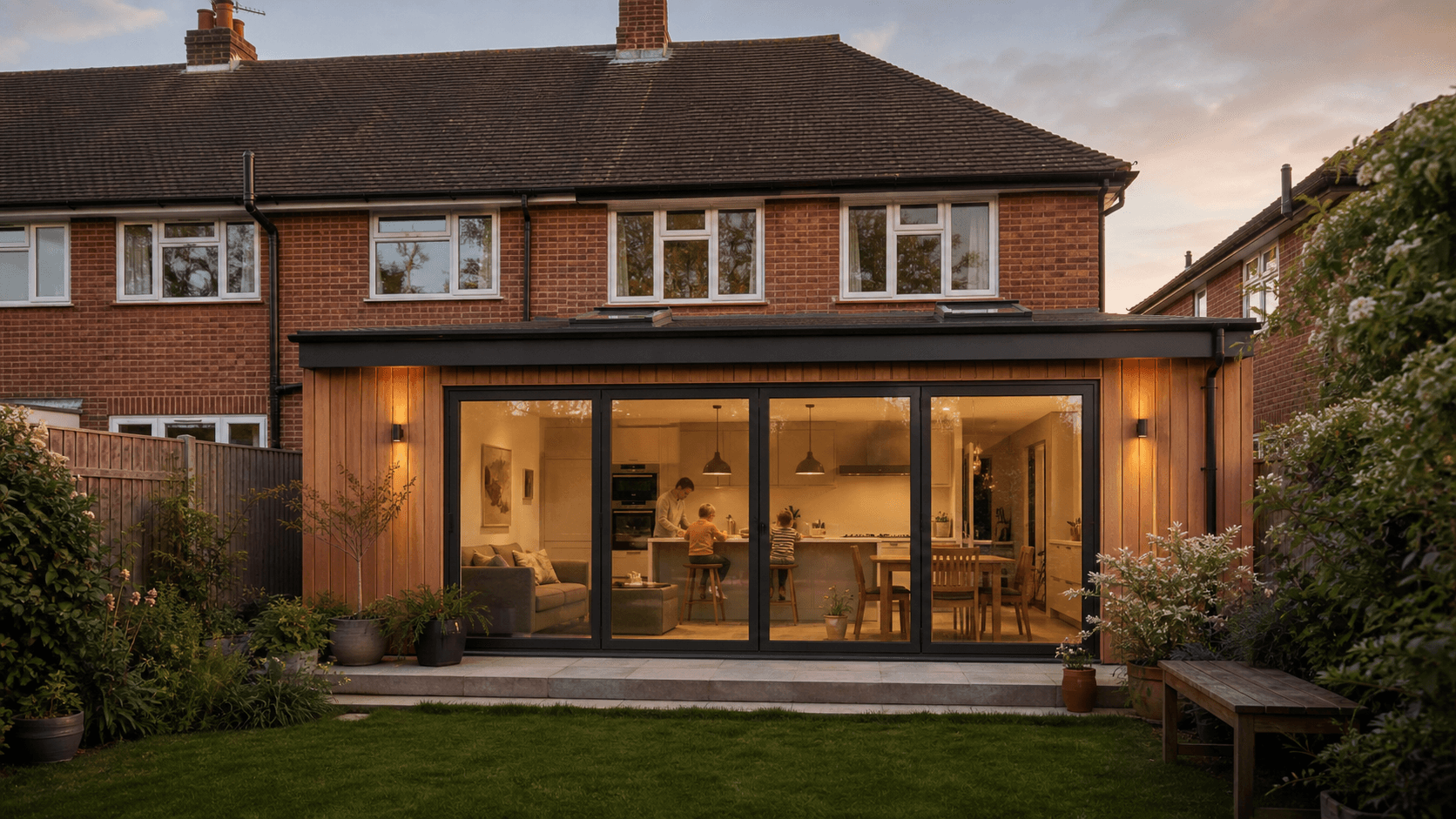 A rear kitchen and dining extension with bi-fold doors open onto the garden at dusk
