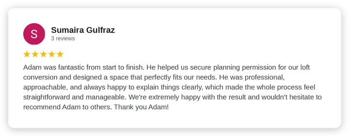 Google review from Sumaira Gulfraz for Diogel Architecture