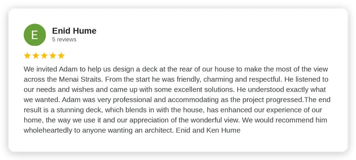 Google review from Enid Hume for Diogel Architecture