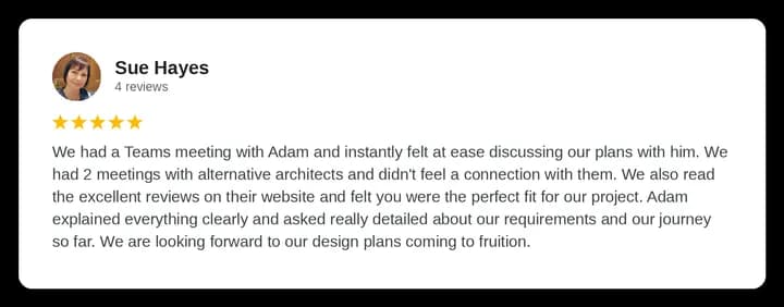 Google review from Sue Hayes for Diogel Architecture