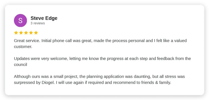 Google review from Steve Edge for Diogel Architecture