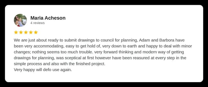 Google review from Maria Acheson for Diogel Architecture