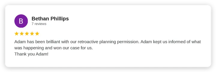 Google review from Bethan Phillips for Diogel Architecture