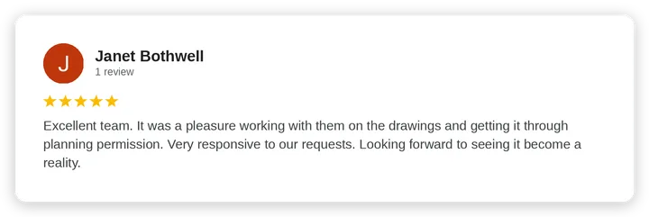 Google review from Janet Bothwell for Diogel Architecture