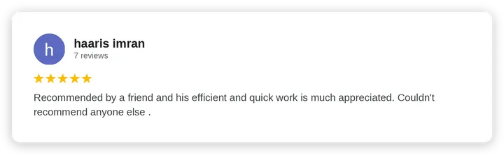 Google review from haaris imran for Diogel Architecture